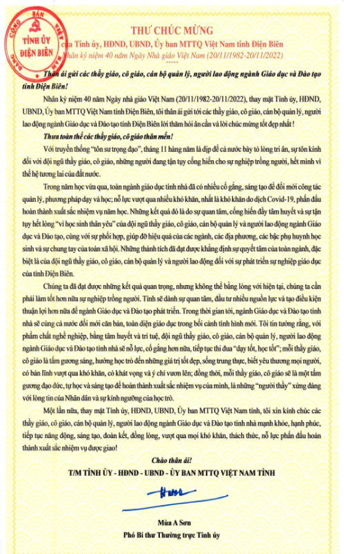 Thư chúc mừng kỷ niệm 40 năm ngày thành lập Nhà giáo Việt Nam 20/11/1982 -20/11/2022 của Tỉnh Điện Biên